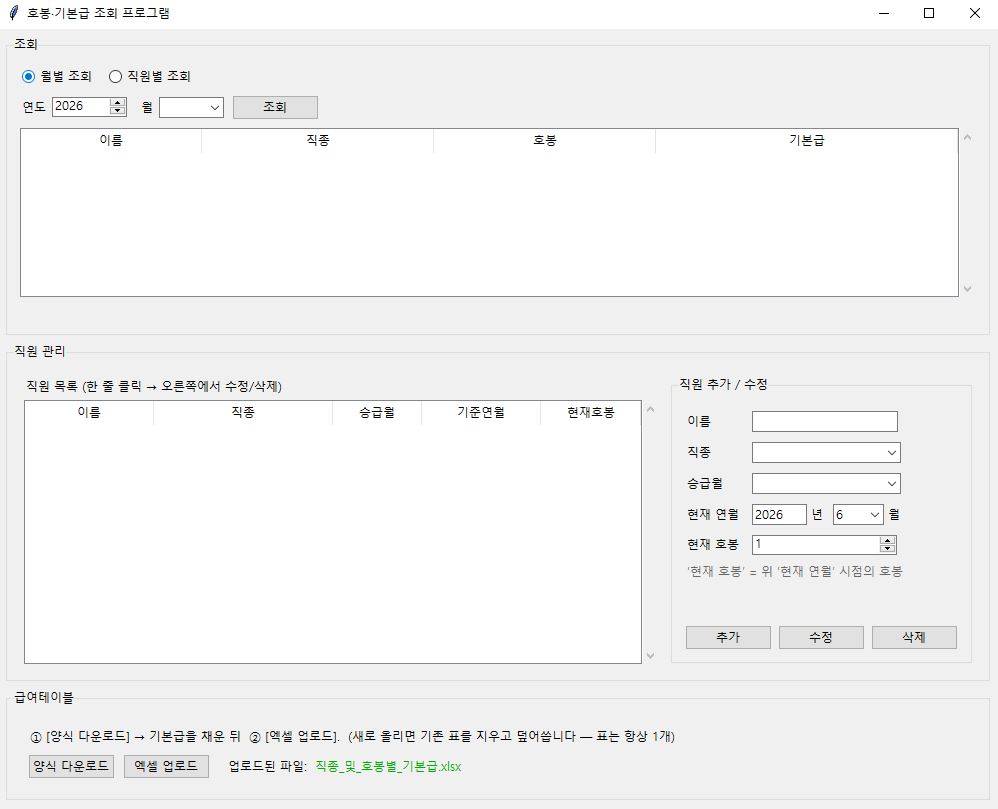복지관 호봉·기본급 조회 프로그램의 메인 화면. 한 화면에 조회·직원 관리·급여테이블 영역이 모두 모여 있다.