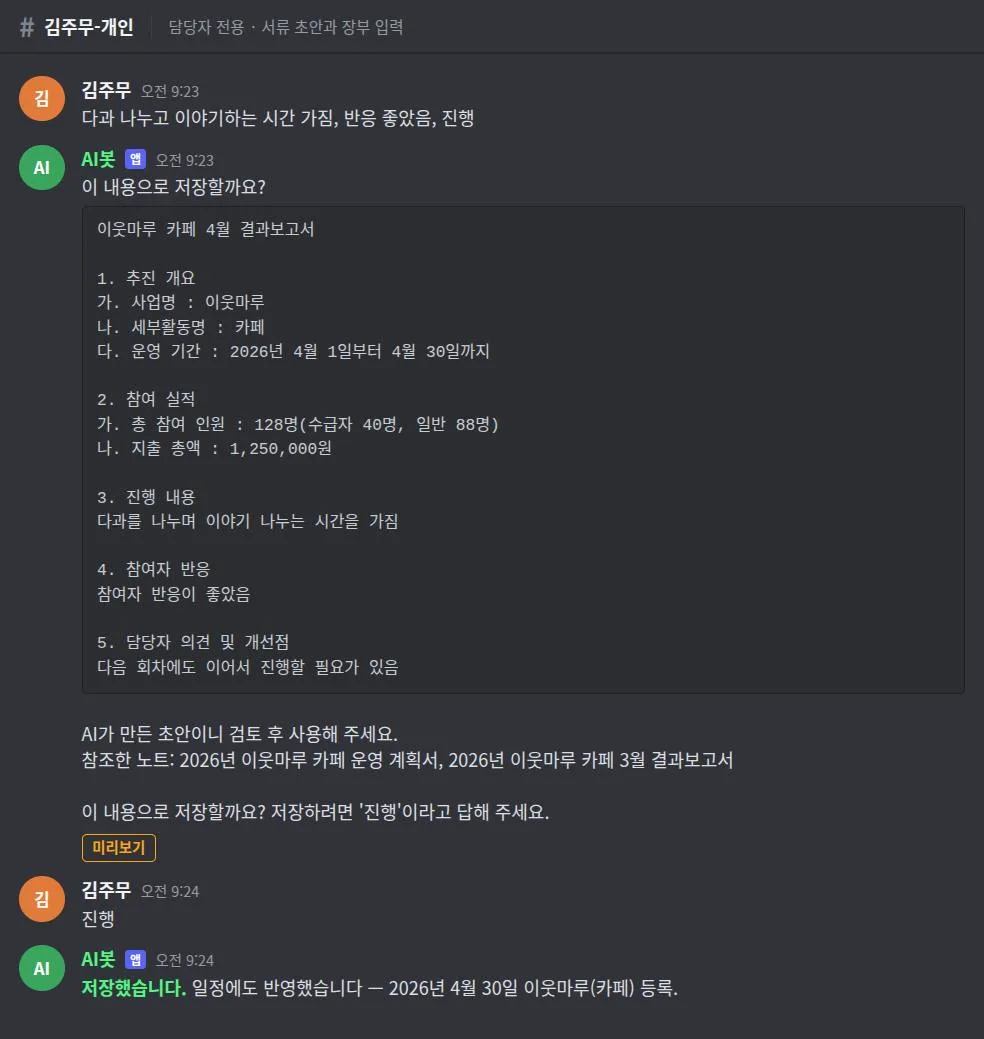 채팅 화면 예시. 봇이 추진 개요부터 담당자 의견까지 다섯 개 항목으로 나뉜 개조식 결과보고서 초안을 코드 상자 안에 보여 주고, 직원이 진행이라고 답하자 저장하고 일정에도 반영했다고 알린다